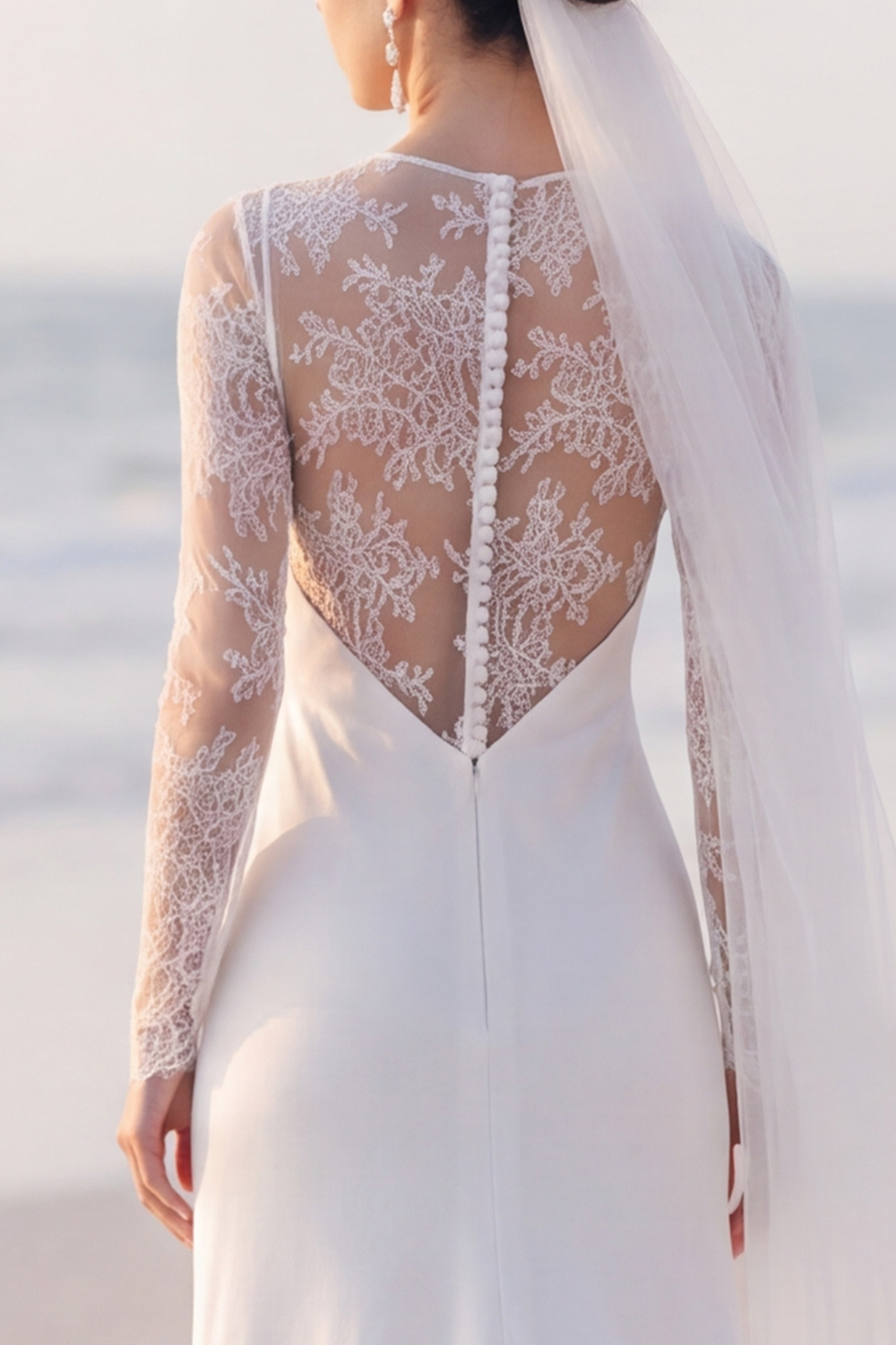 White Sheath Long Sleeves Sweep Train Wedding Dress with Lace