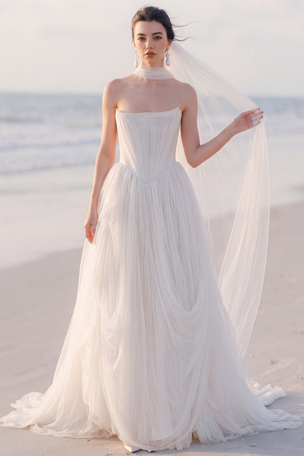 White A-Line Strapless Ruched Sweep Train Wedding Dress
