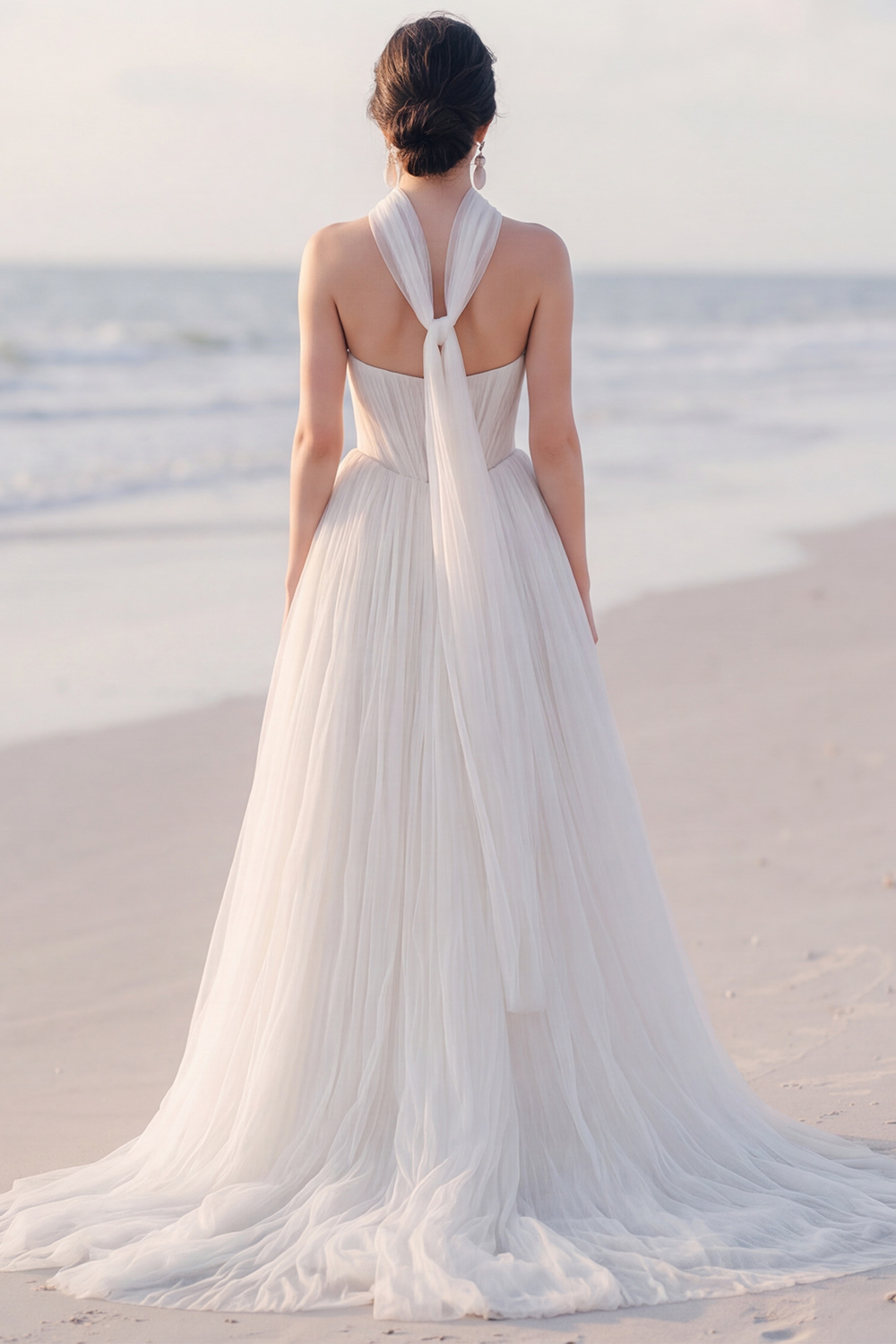 White A-Line Strapless Ruched Sweep Train Wedding Dress