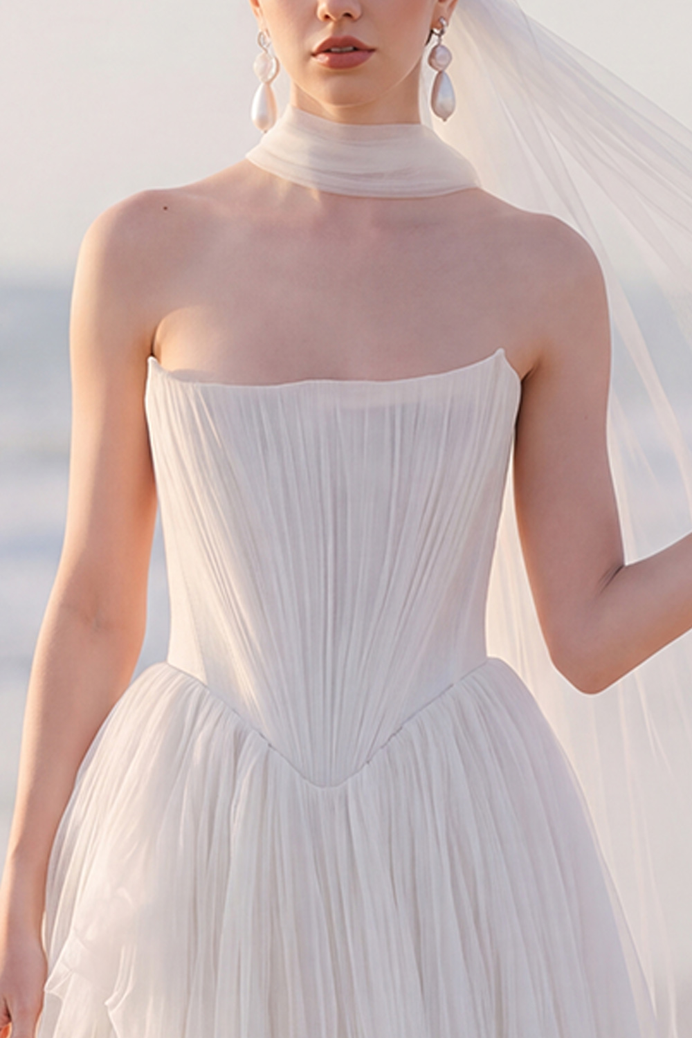 White A-Line Strapless Ruched Sweep Train Wedding Dress