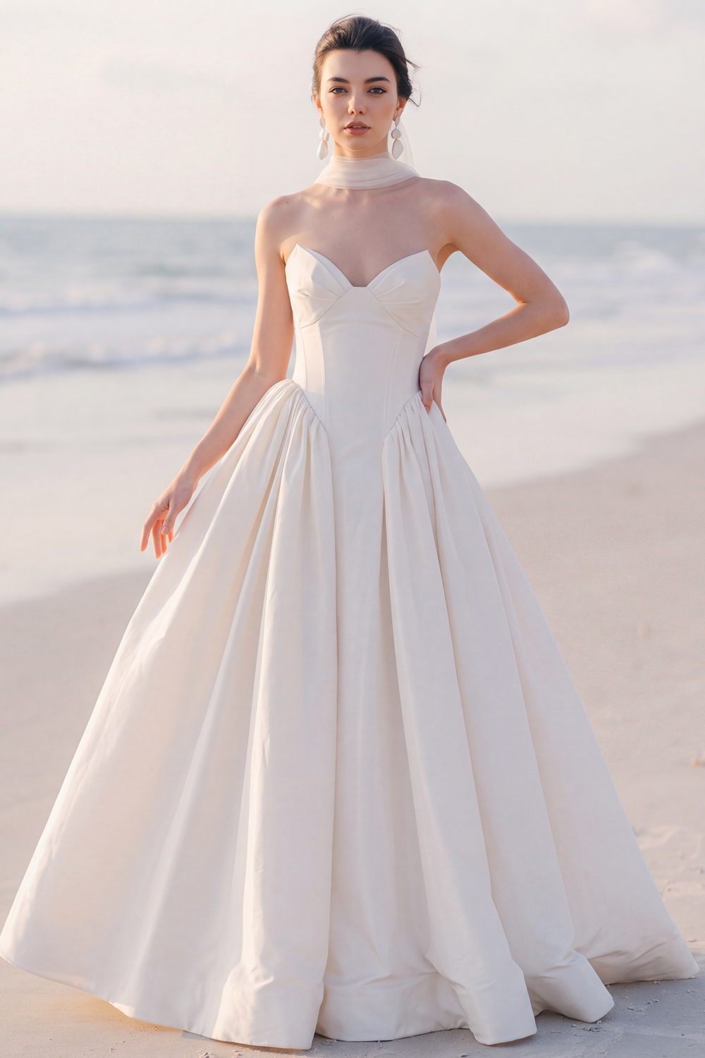 White A-Line Strapless Sweep Train Wedding Dress