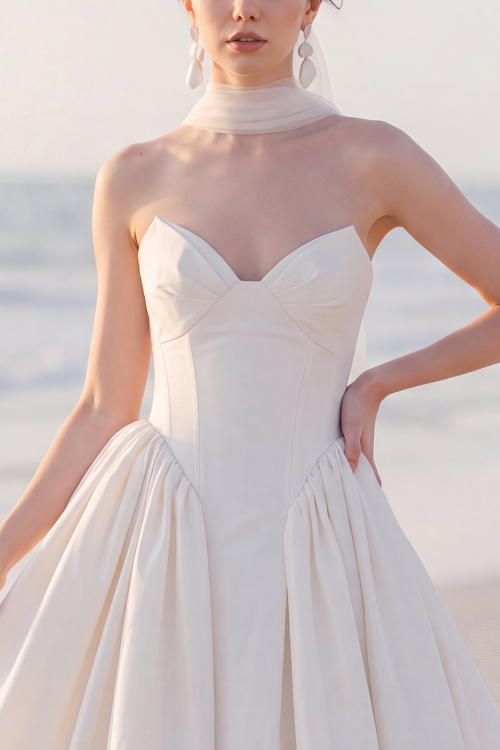 White A-Line Strapless Sweep Train Wedding Dress