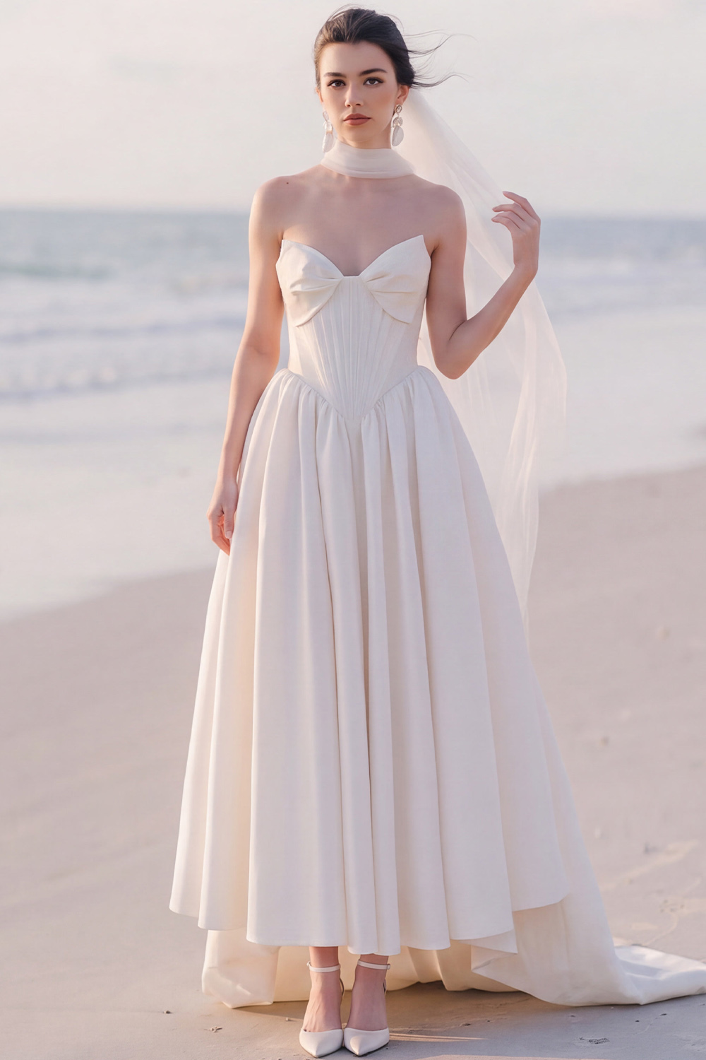 White Corset A-Line Strapless Sweep Train Wedding Dress with Bow