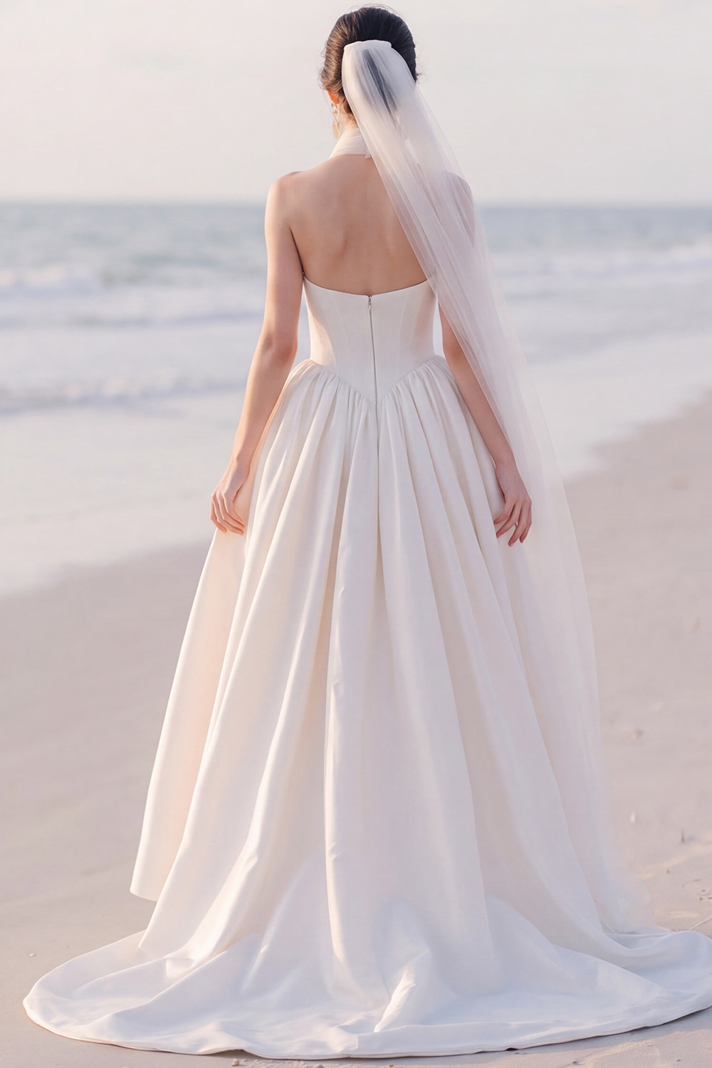 White Corset A-Line Strapless Sweep Train Wedding Dress with Bow
