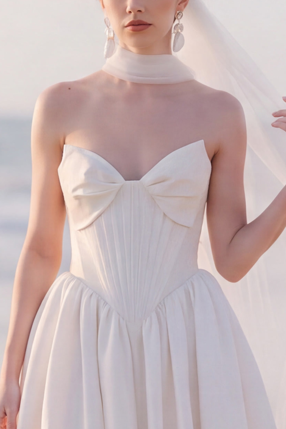 White Corset A-Line Strapless Sweep Train Wedding Dress with Bow