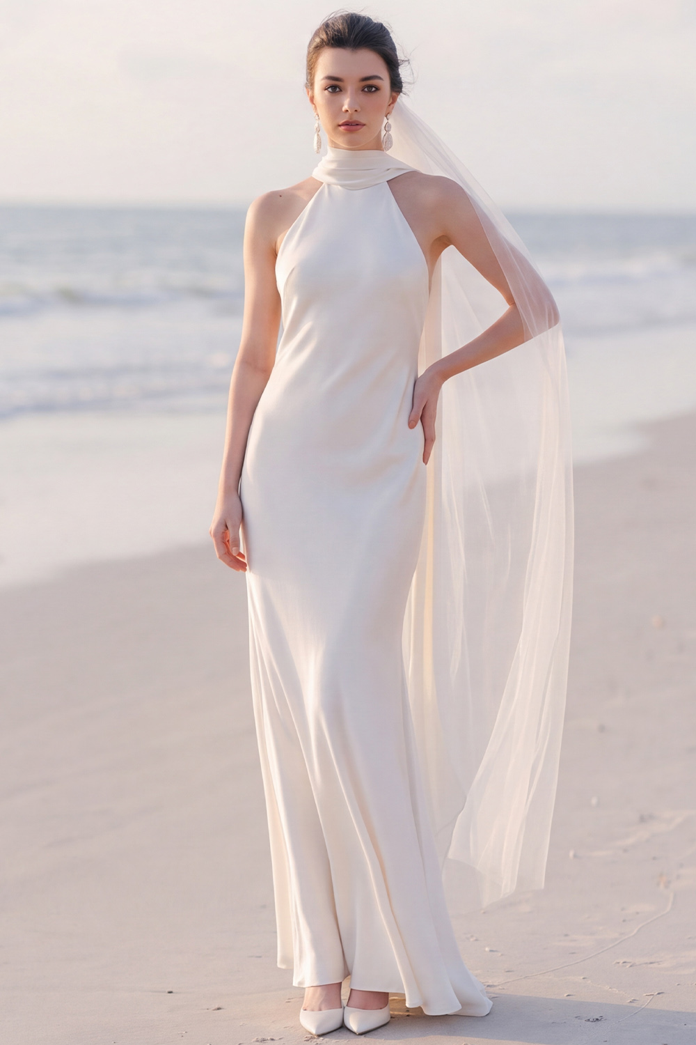 White Sheath Halter Maxi Engagement Dress