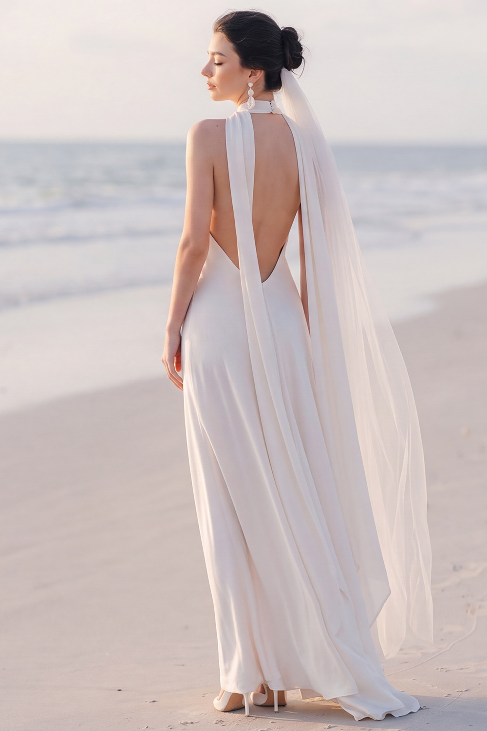 White Sheath Halter Maxi Engagement Dress