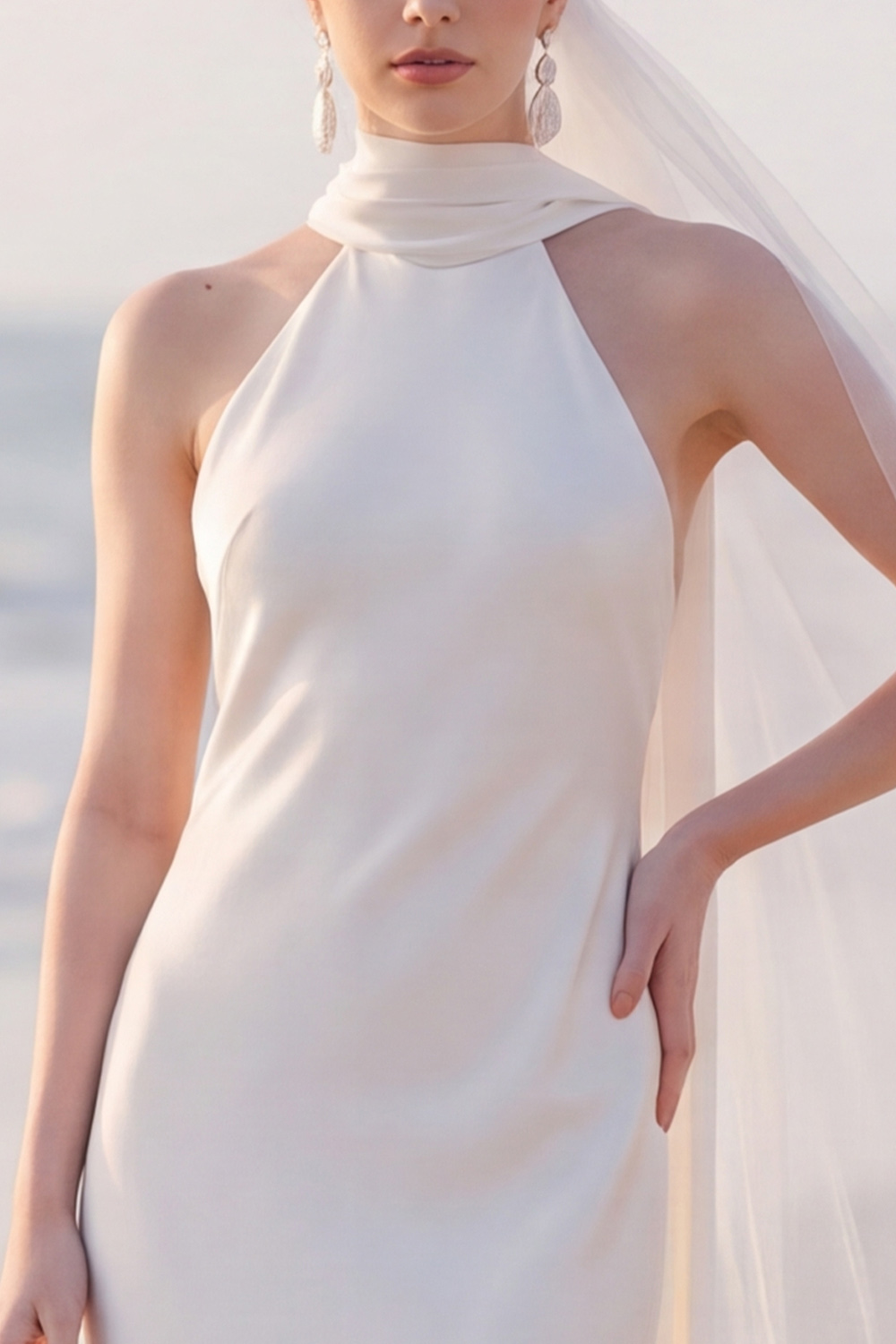 White Sheath Halter Maxi Engagement Dress