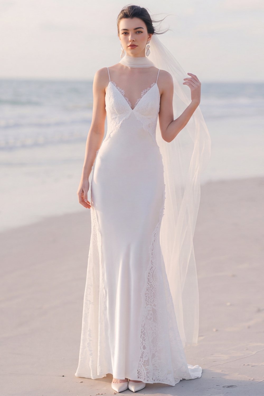 White Mermaid V-Neck Sweep Train Wedding Dress with Lace