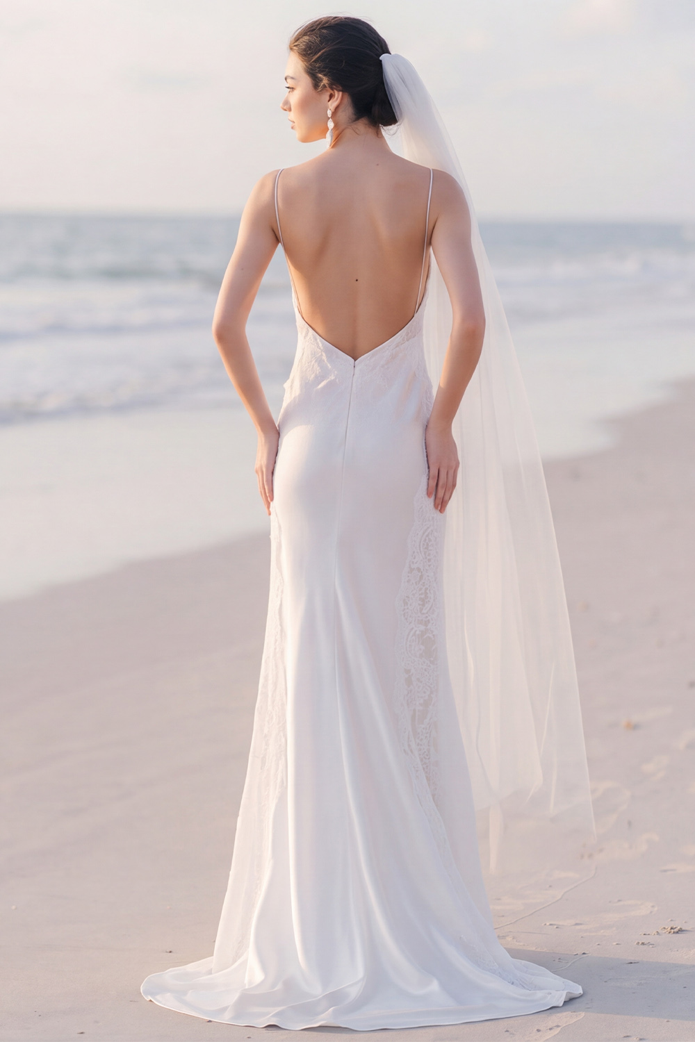 White Mermaid V-Neck Sweep Train Wedding Dress with Lace