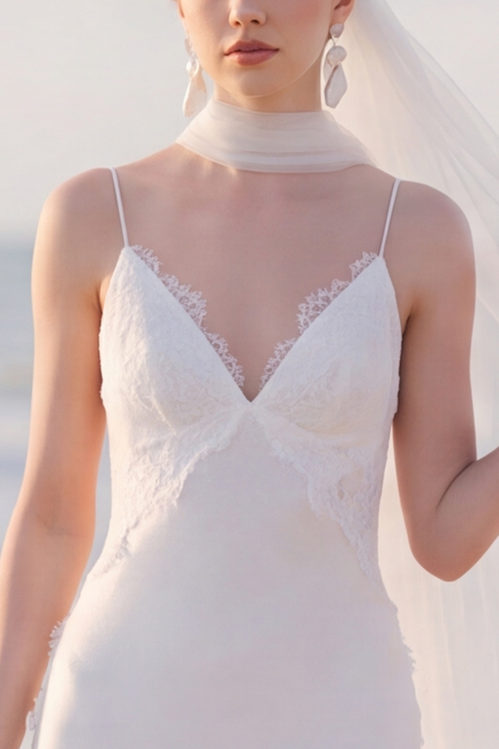 White Mermaid V-Neck Sweep Train Wedding Dress with Lace