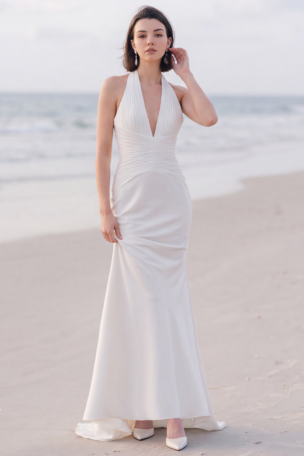White Mermaid Halter Ruched Sweep Train Wedding Dress