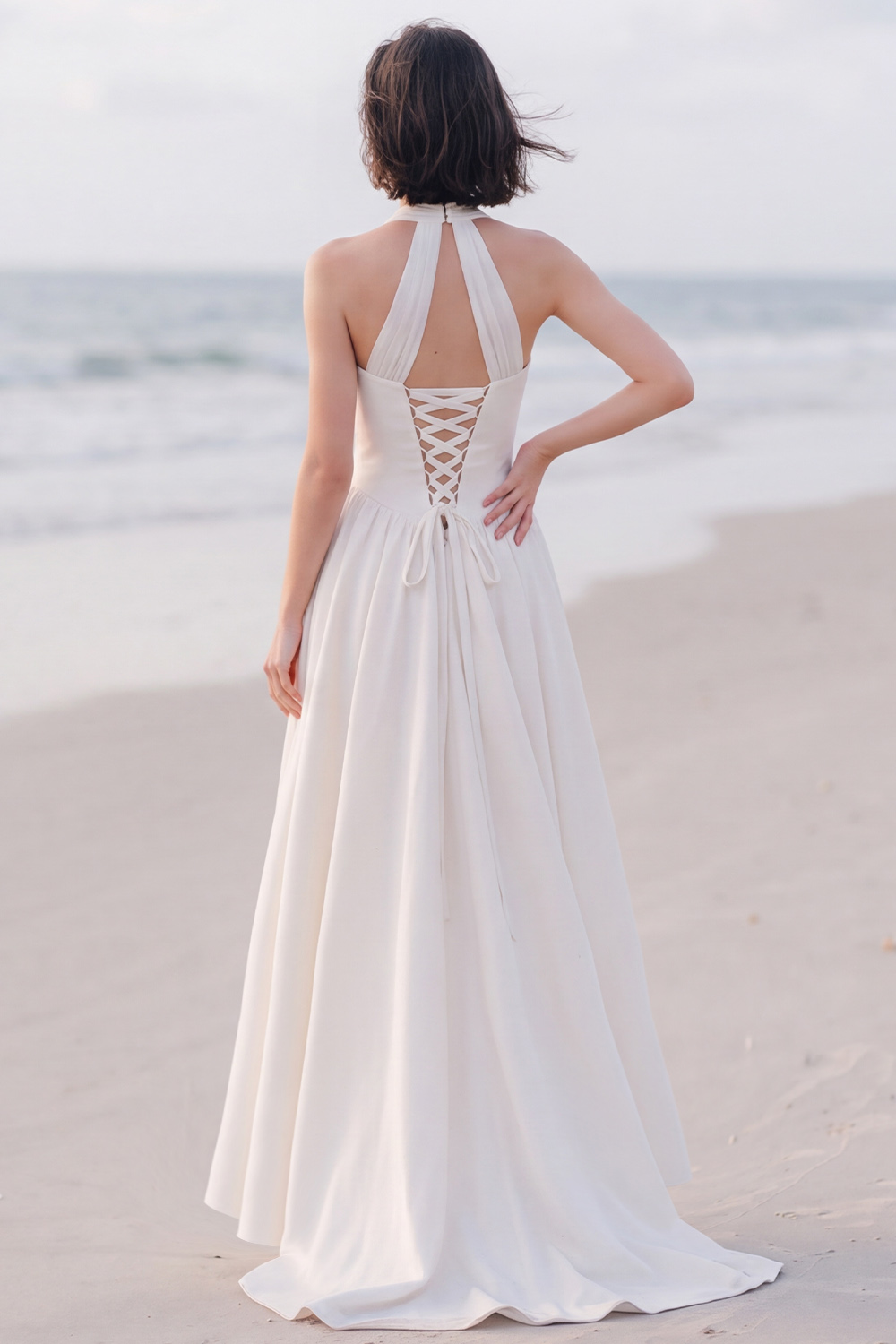 White Mermaid Halter Ruched Sweep Train Wedding Dress