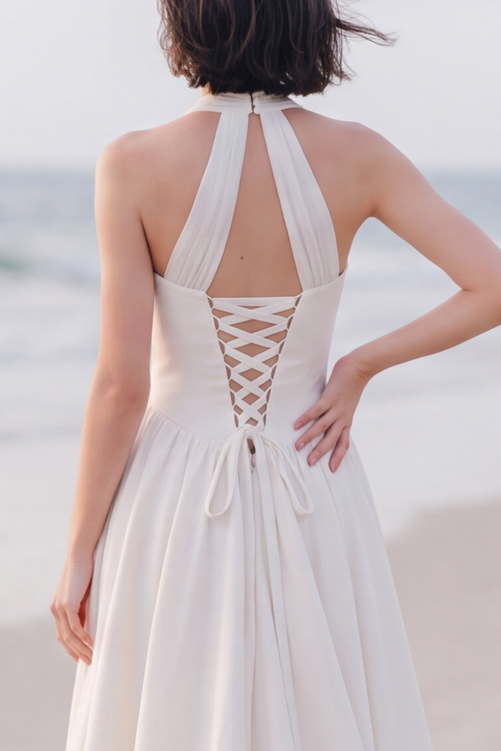 White Mermaid Halter Ruched Sweep Train Wedding Dress