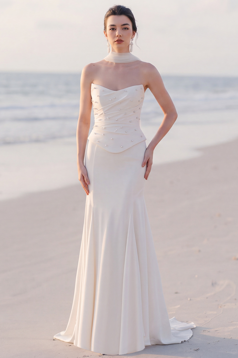 White Mermaid Strapless Sweep Train Wedding Dress with Peals