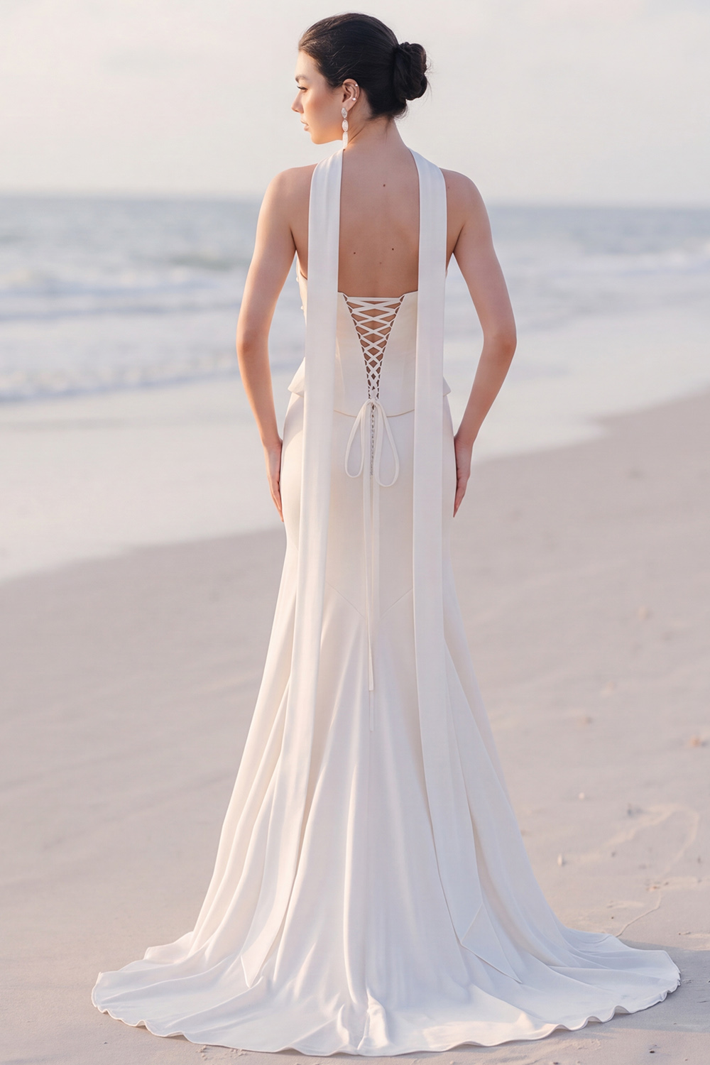 White Mermaid Strapless Sweep Train Wedding Dress with Peals