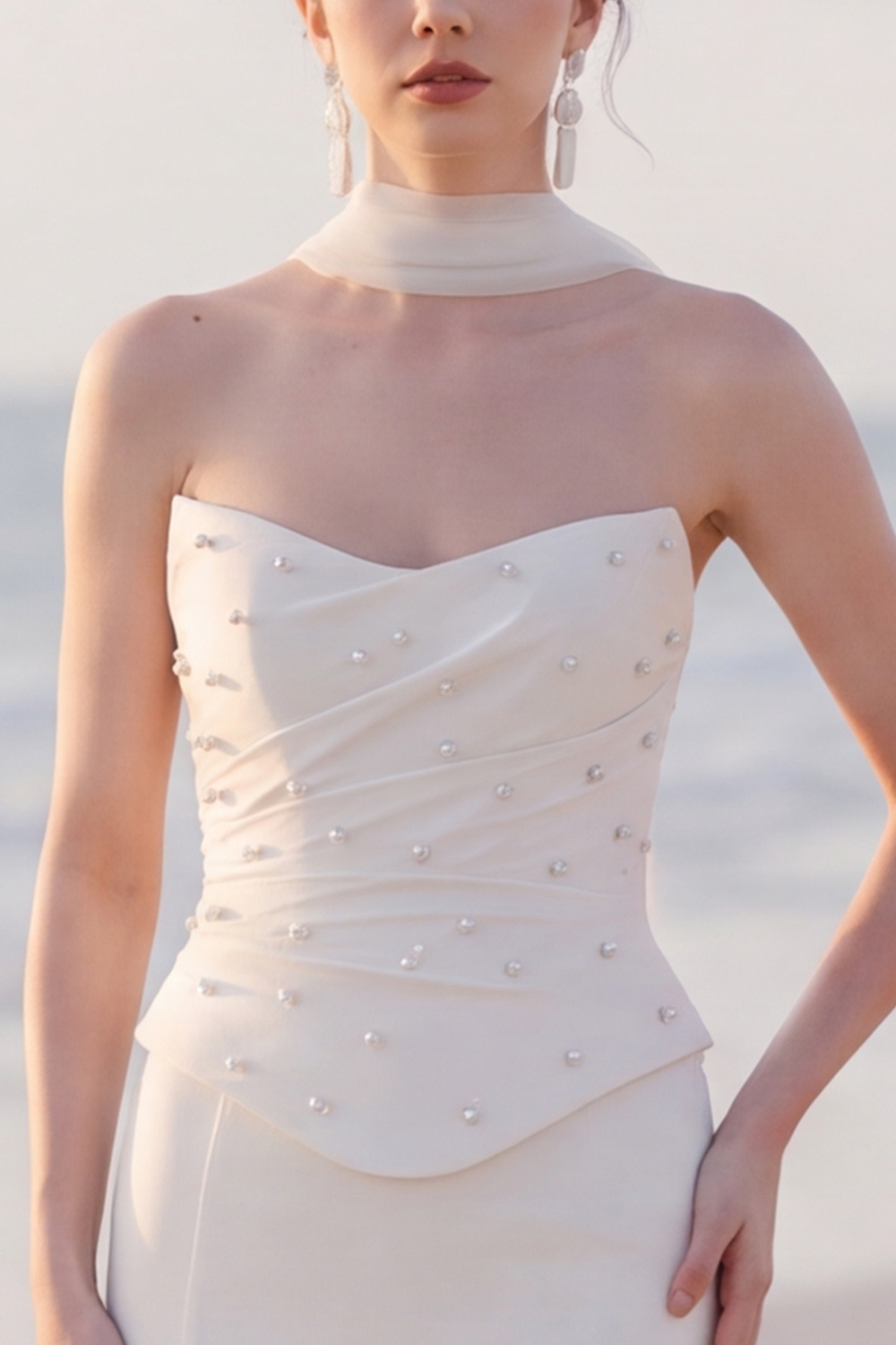 White Mermaid Strapless Sweep Train Wedding Dress with Peals