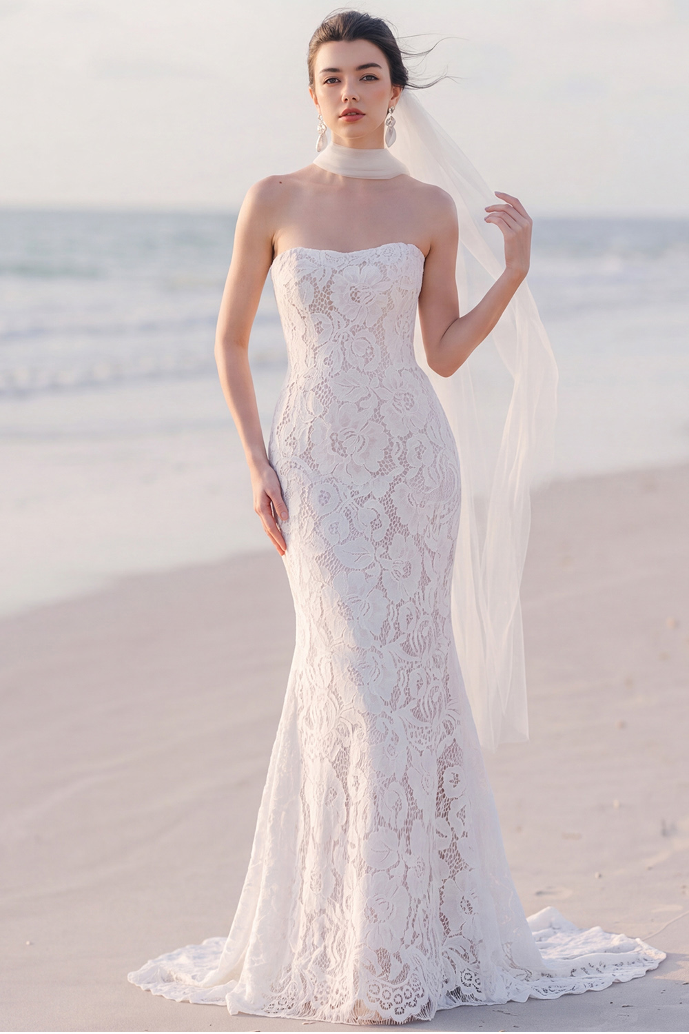 White Floral Lace Mermaid Strapless Sweep Train Wedding Dress