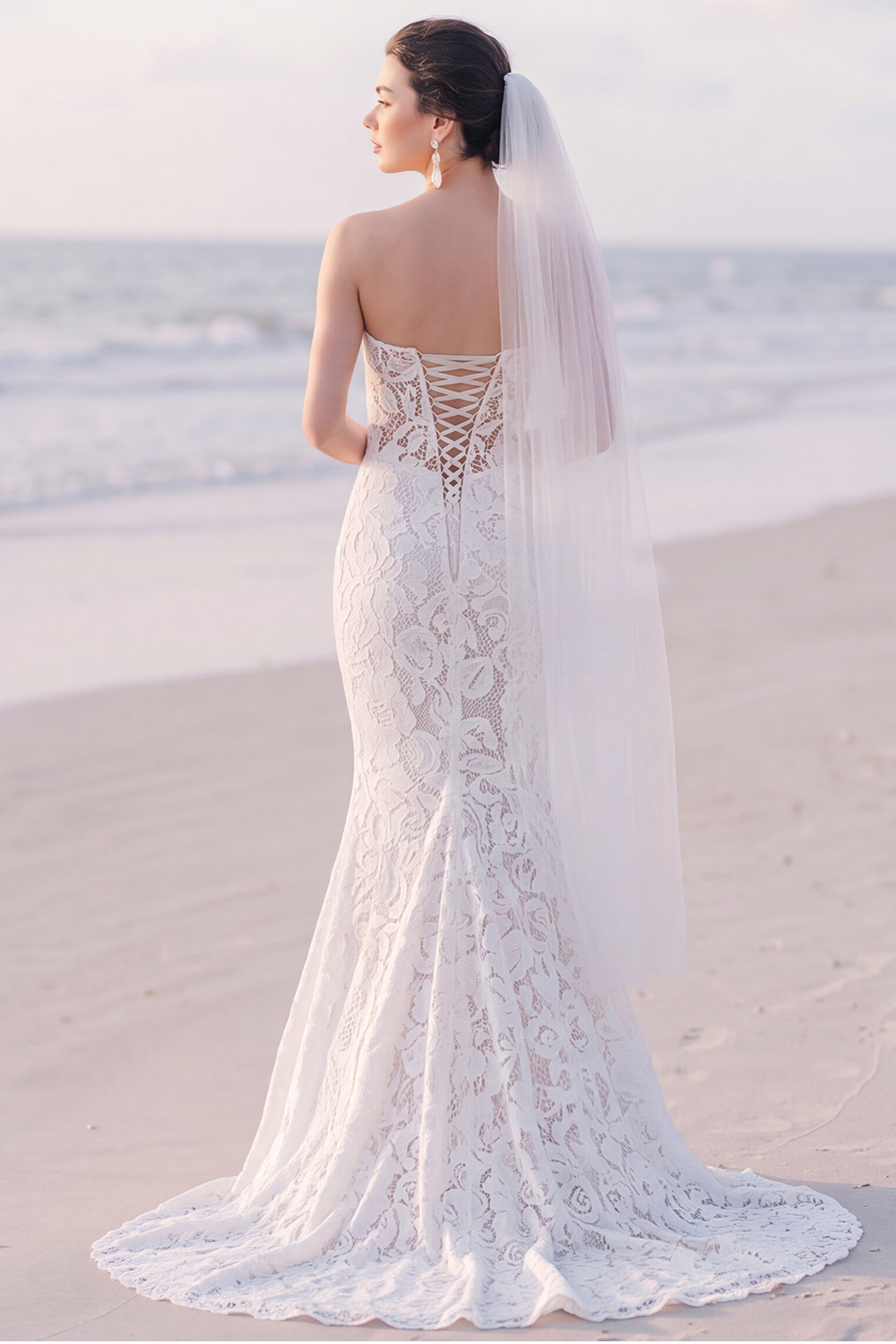 White Floral Lace Mermaid Strapless Sweep Train Wedding Dress