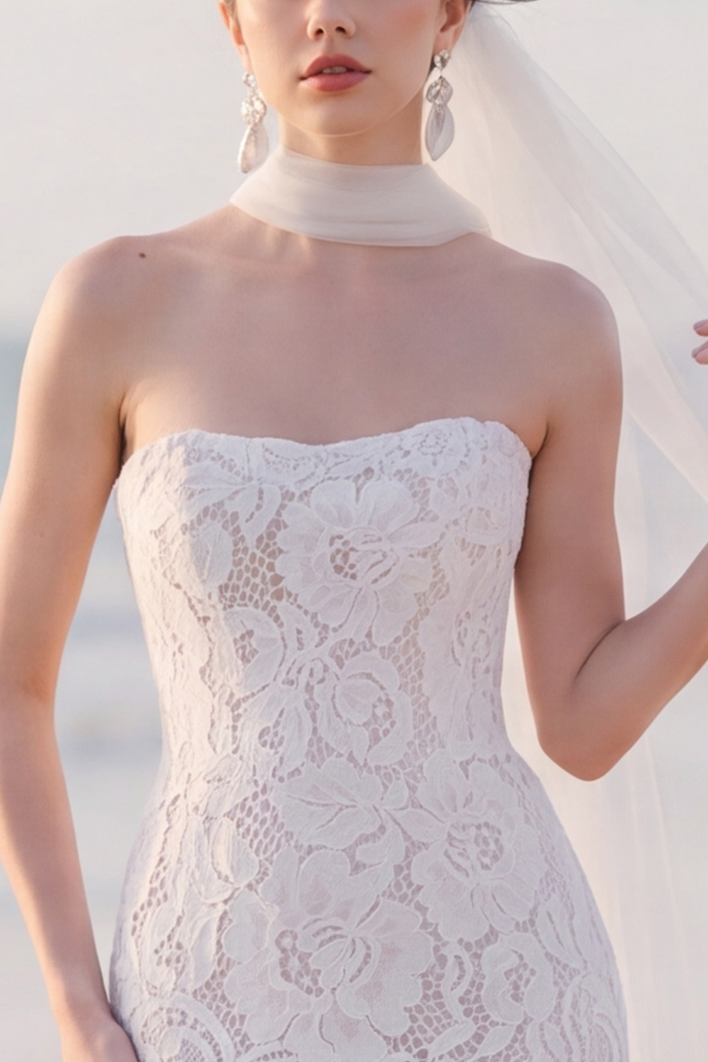 White Floral Lace Mermaid Strapless Sweep Train Wedding Dress