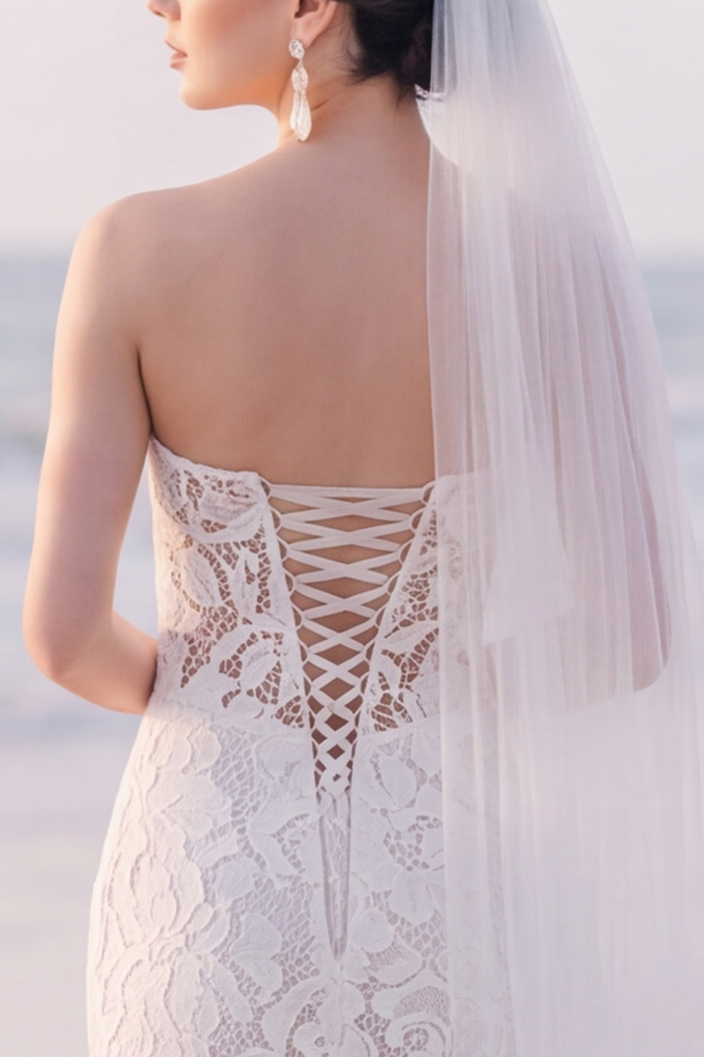 White Floral Lace Mermaid Strapless Sweep Train Wedding Dress