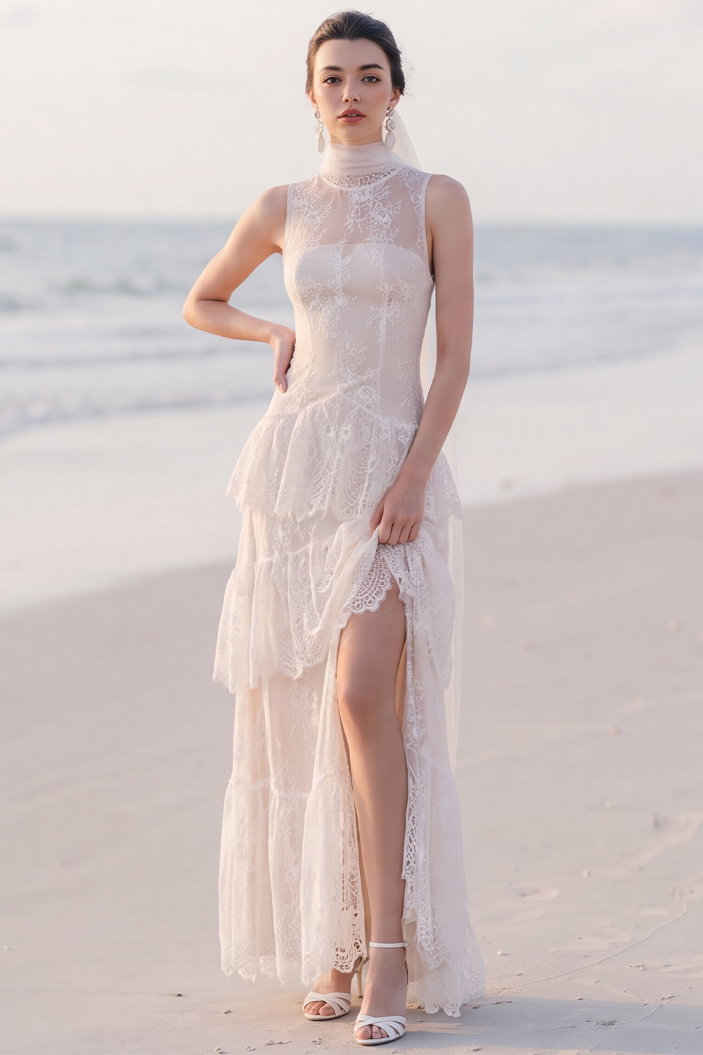 White Tiered High Neck Lace Maxi Engagement Dress with Slit