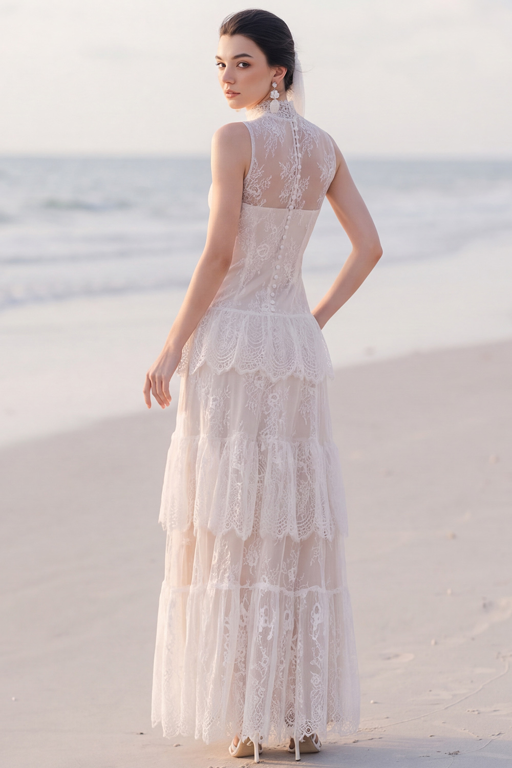 White Tiered High Neck Lace Maxi Engagement Dress with Slit