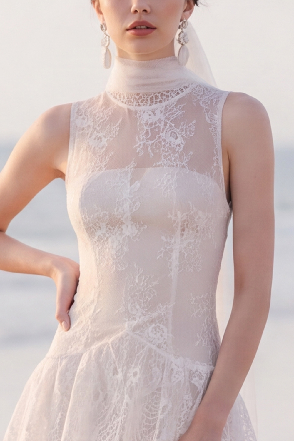 White Tiered High Neck Lace Maxi Engagement Dress with Slit