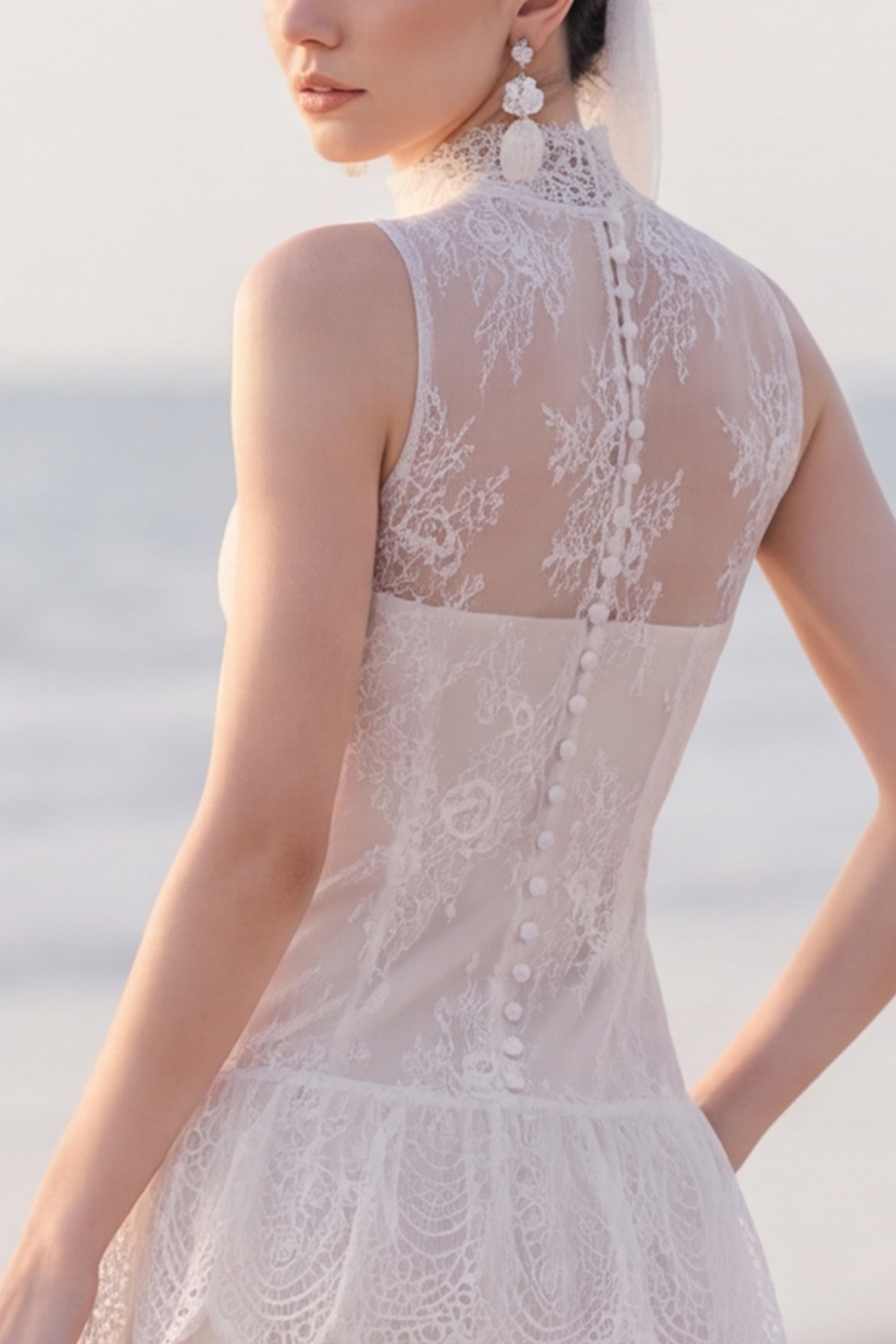 White Tiered High Neck Lace Maxi Engagement Dress with Slit
