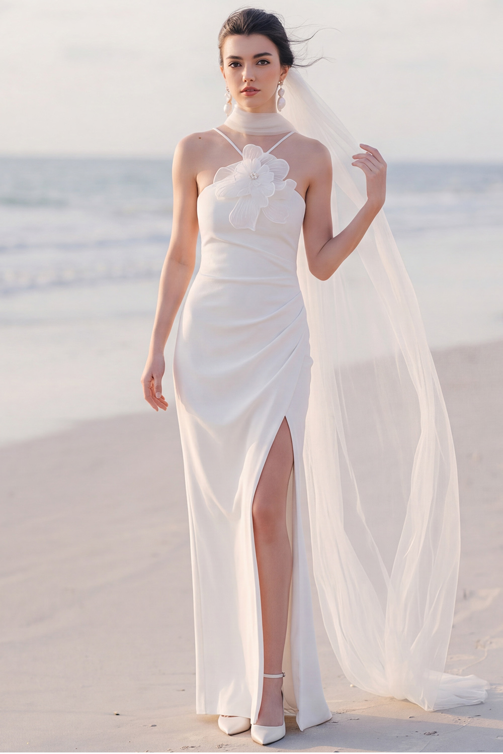 White Sheath Halter Ruched Sweep Train Wedding Dress with 3D Flower