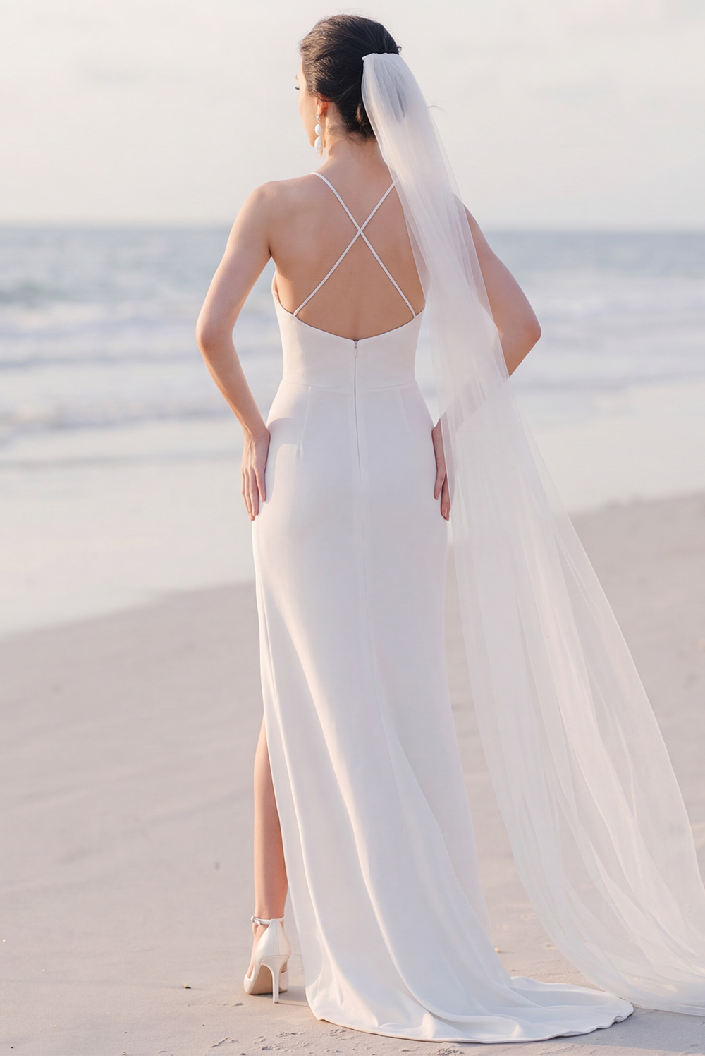 White Sheath Halter Ruched Sweep Train Wedding Dress with 3D Flower