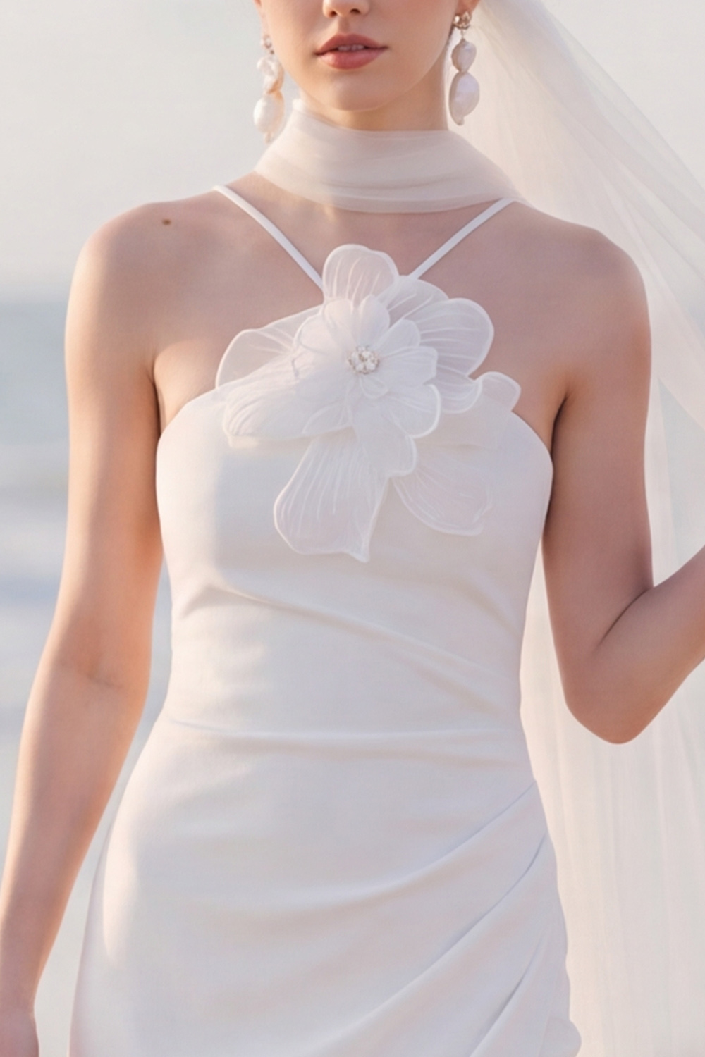 White Sheath Halter Ruched Sweep Train Wedding Dress with 3D Flower