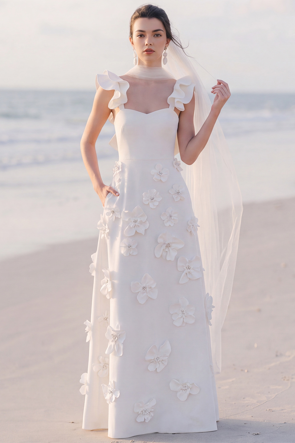 White A-Line Flutter Sleeves Maxi Engagement Dress with 3D Flower