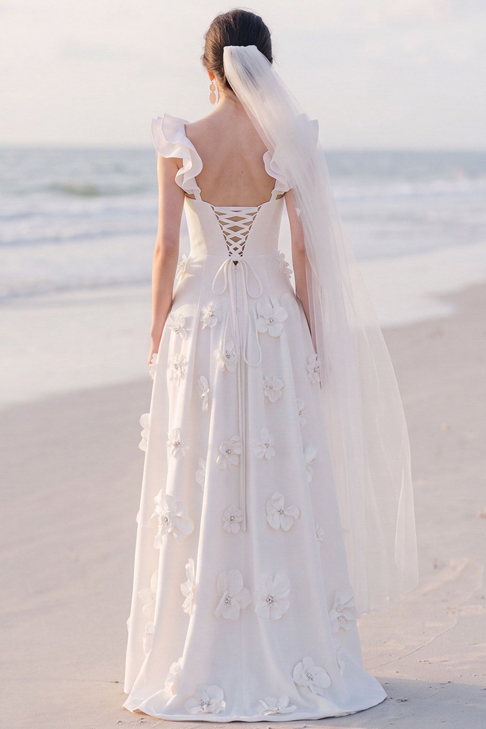 White A-Line Flutter Sleeves Maxi Engagement Dress with 3D Flower