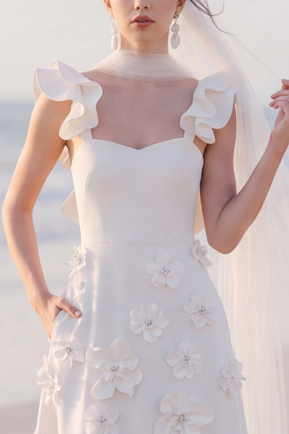 White A-Line Flutter Sleeves Maxi Engagement Dress with 3D Flower