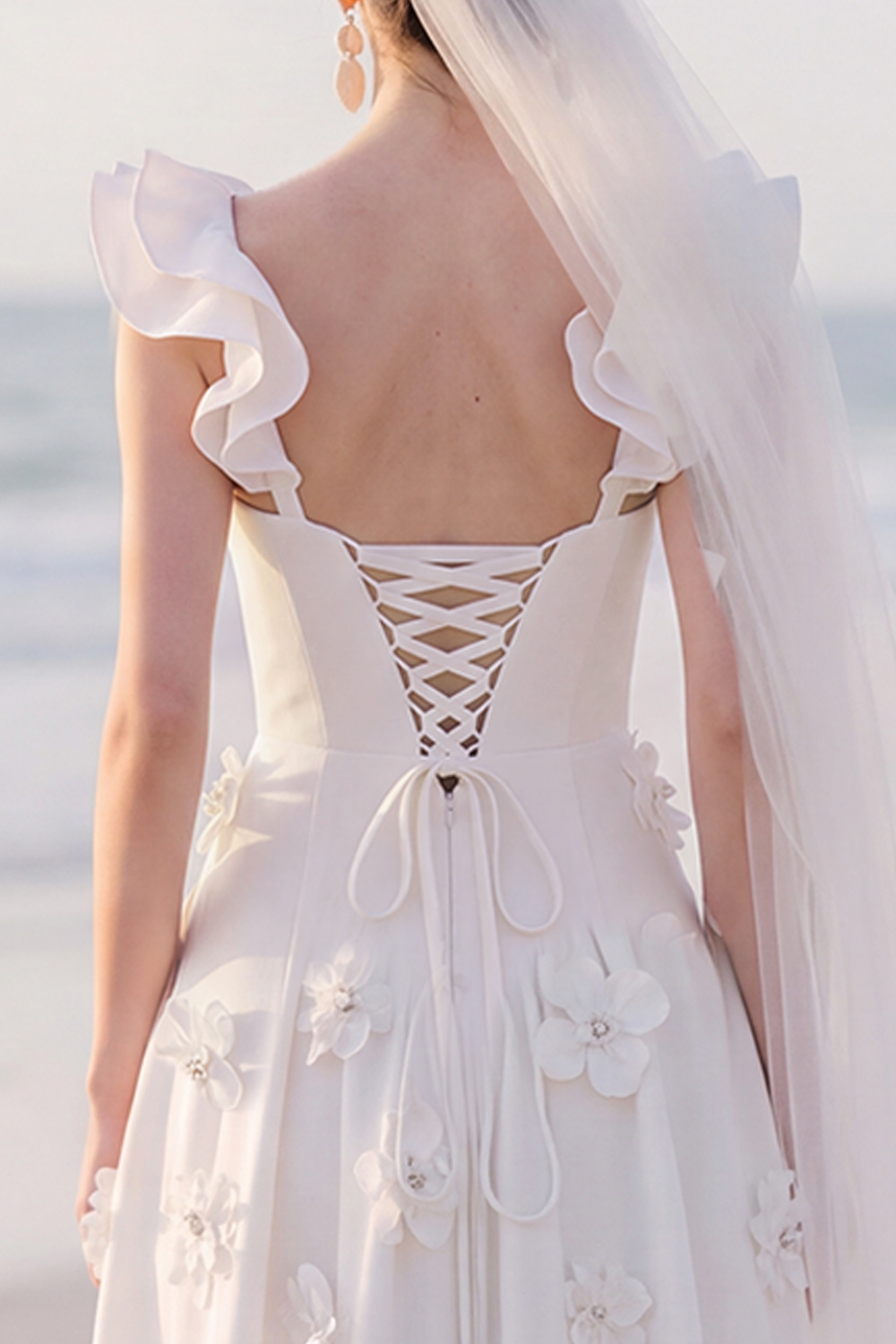 White A-Line Flutter Sleeves Maxi Engagement Dress with 3D Flower
