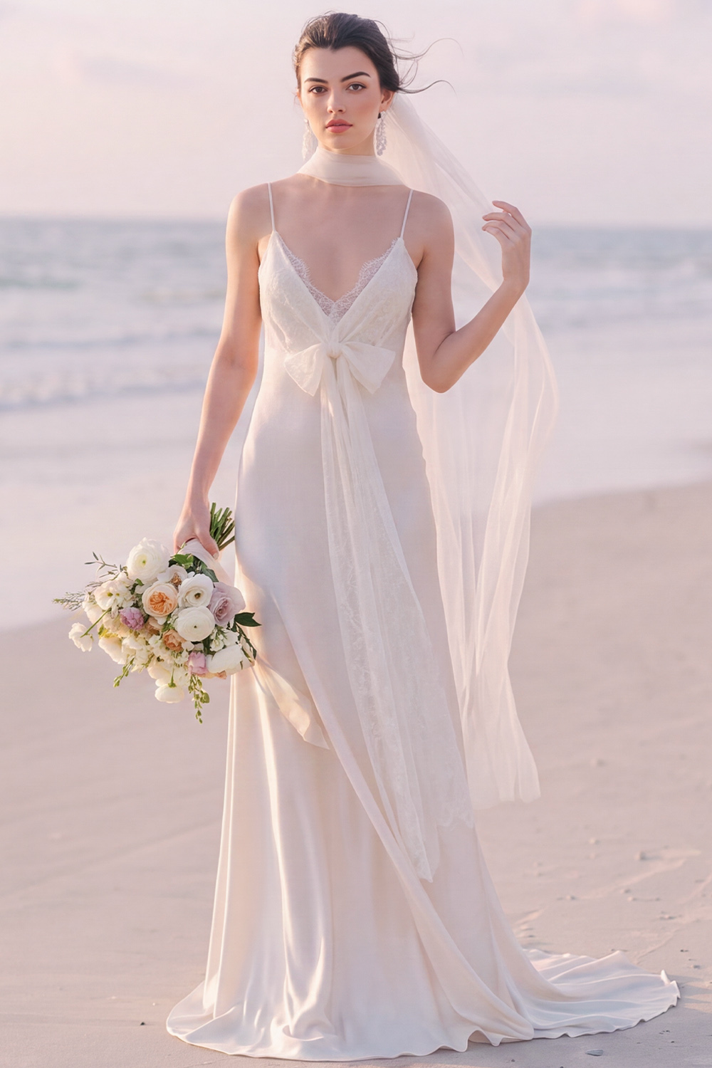 White Sheath V-Neck Maxi Wedding Dress with Bow
