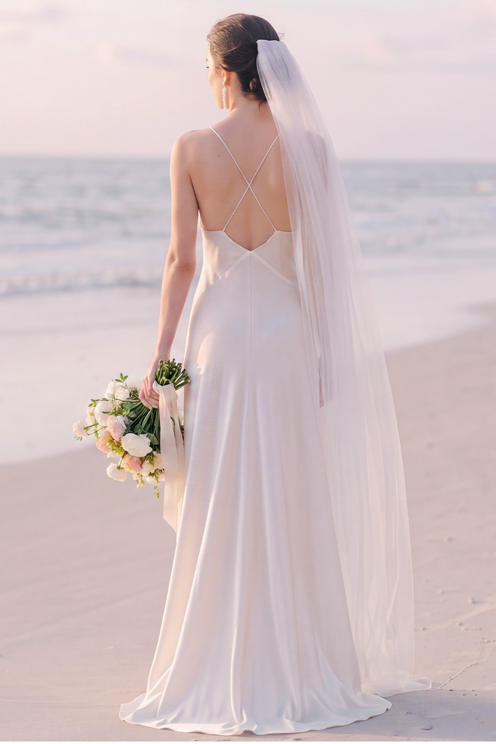 White Sheath V-Neck Maxi Wedding Dress with Bow