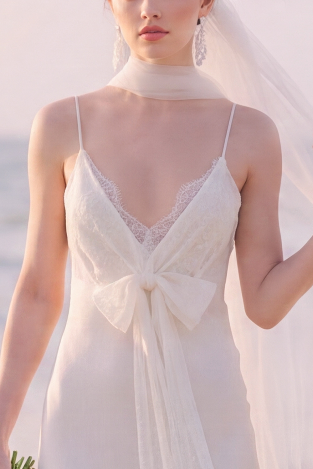 White Sheath V-Neck Maxi Wedding Dress with Bow