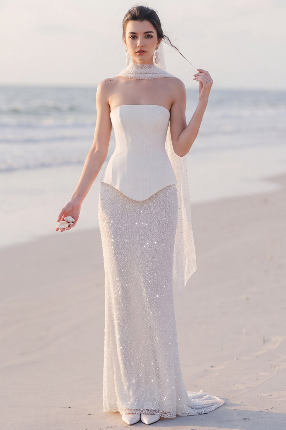 White Sparkly Sheath Strapless Maxi Engagement Dress with Sequins