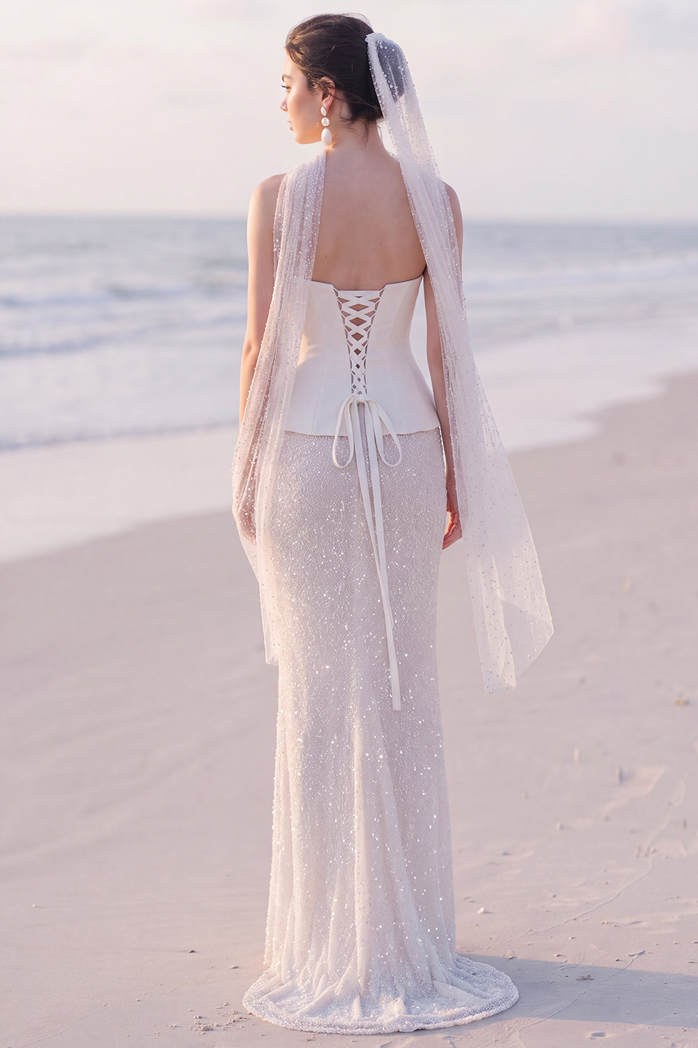 White Sparkly Sheath Strapless Maxi Engagement Dress with Sequins