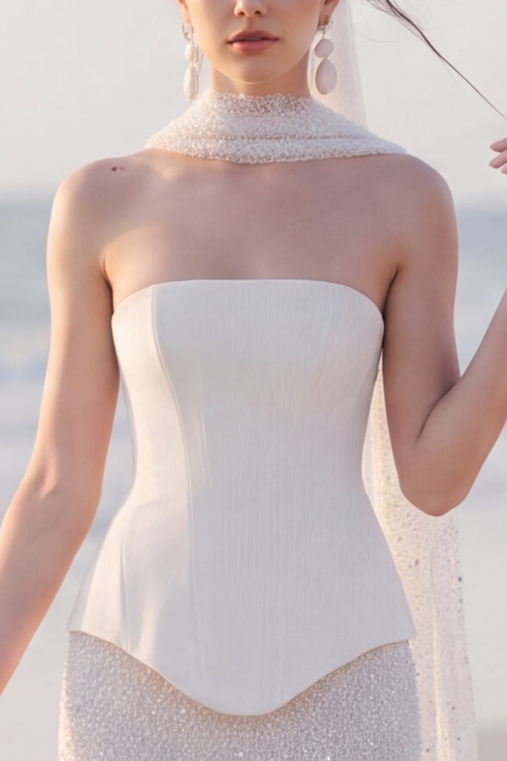 White Sparkly Sheath Strapless Maxi Engagement Dress with Sequins