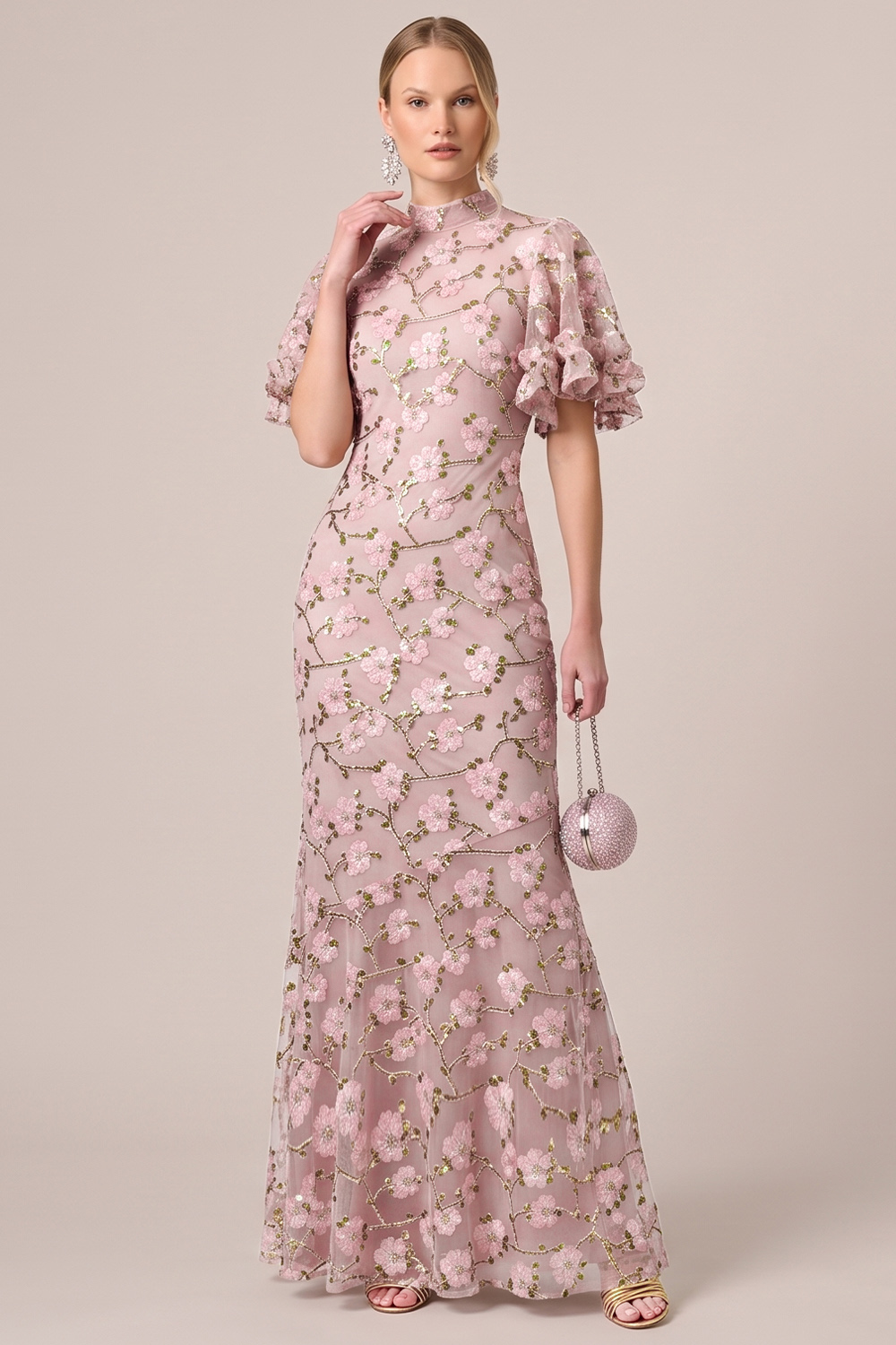Dusty Rose Floral Mermaid High Neck Long Formal Dress