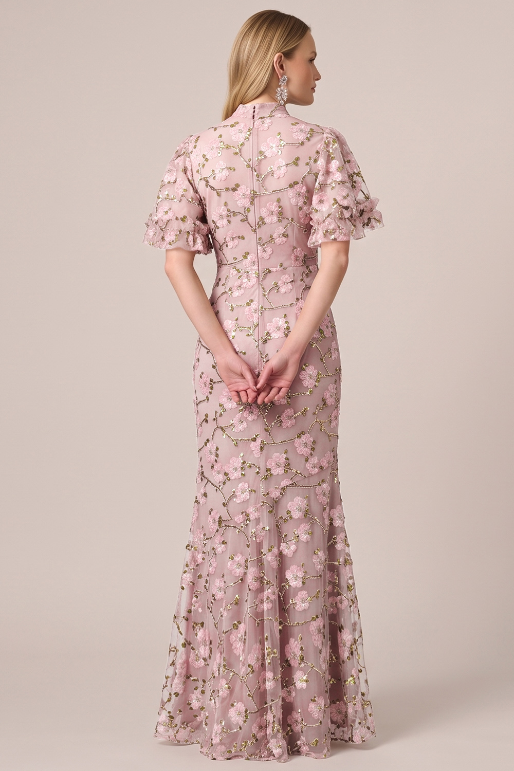 Dusty Rose Floral Mermaid High Neck Long Formal Dress