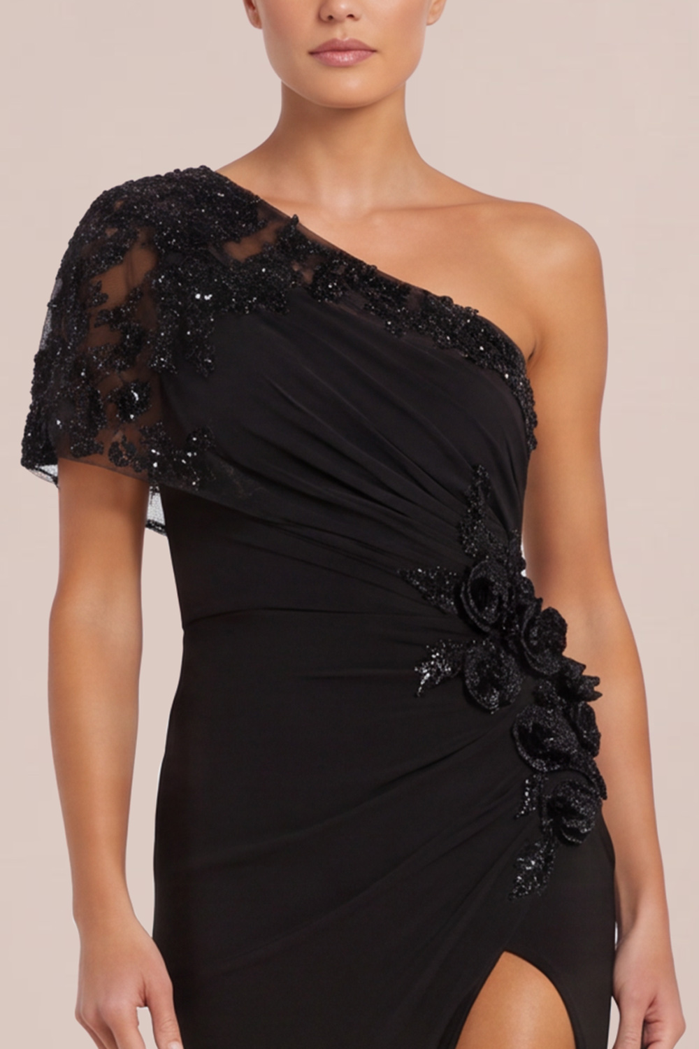 Black Mermaid One Shoulder Ruched Long Formal Dress with Slit