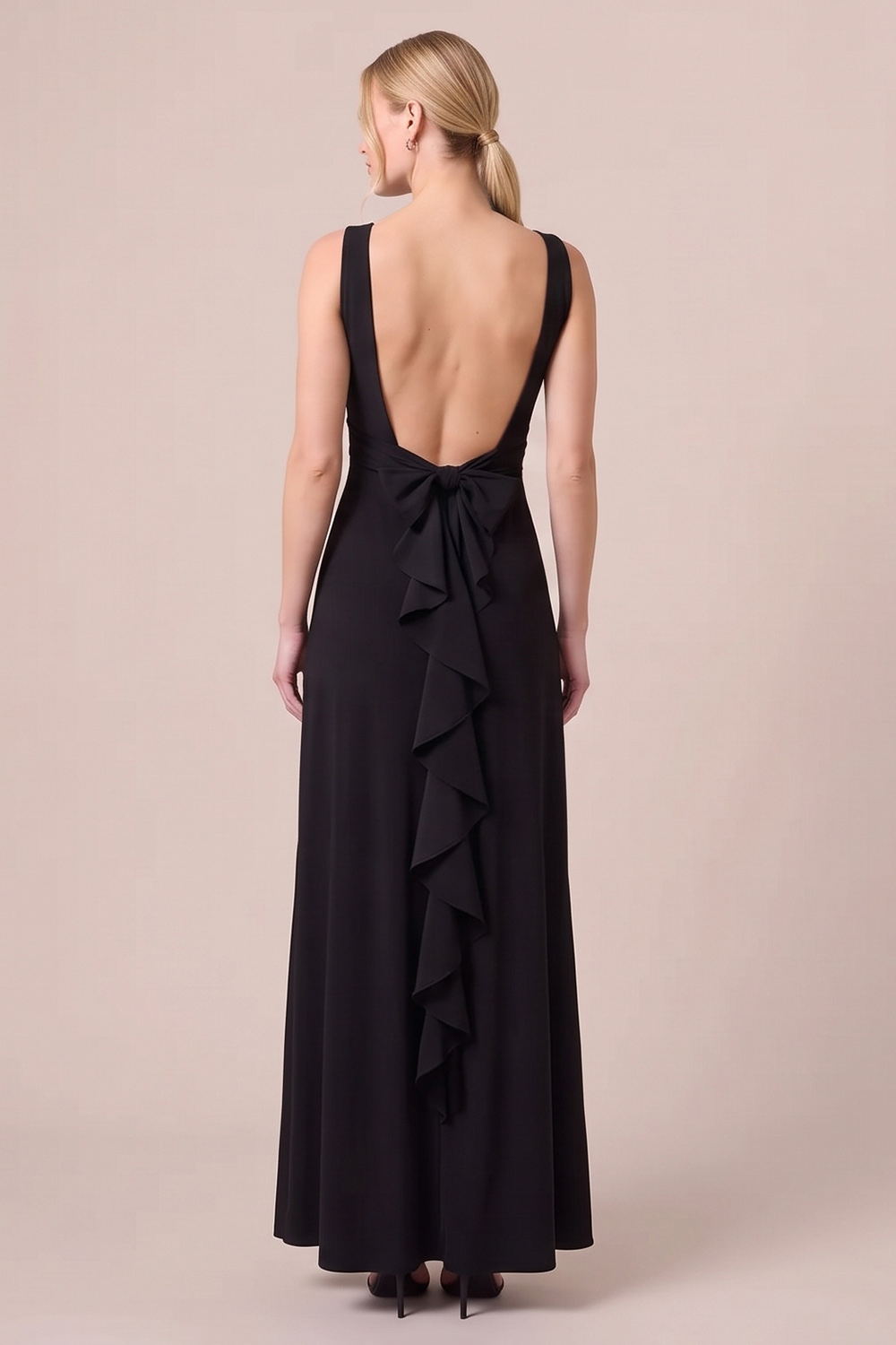 Black Sheath Boat Neck Ruffled Long Formal Dress