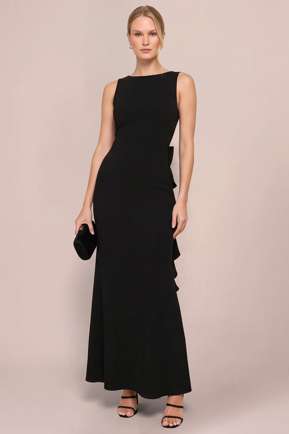 Black Sheath Boat Neck Ruffled Long Formal Dress
