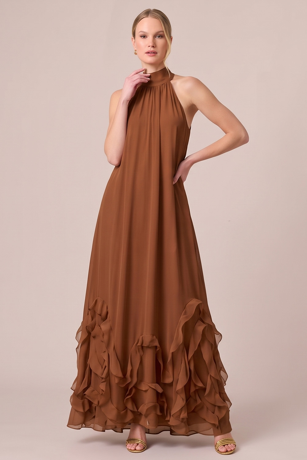 Fuchsia A-Line Halter Ruffled Long Formal Dress