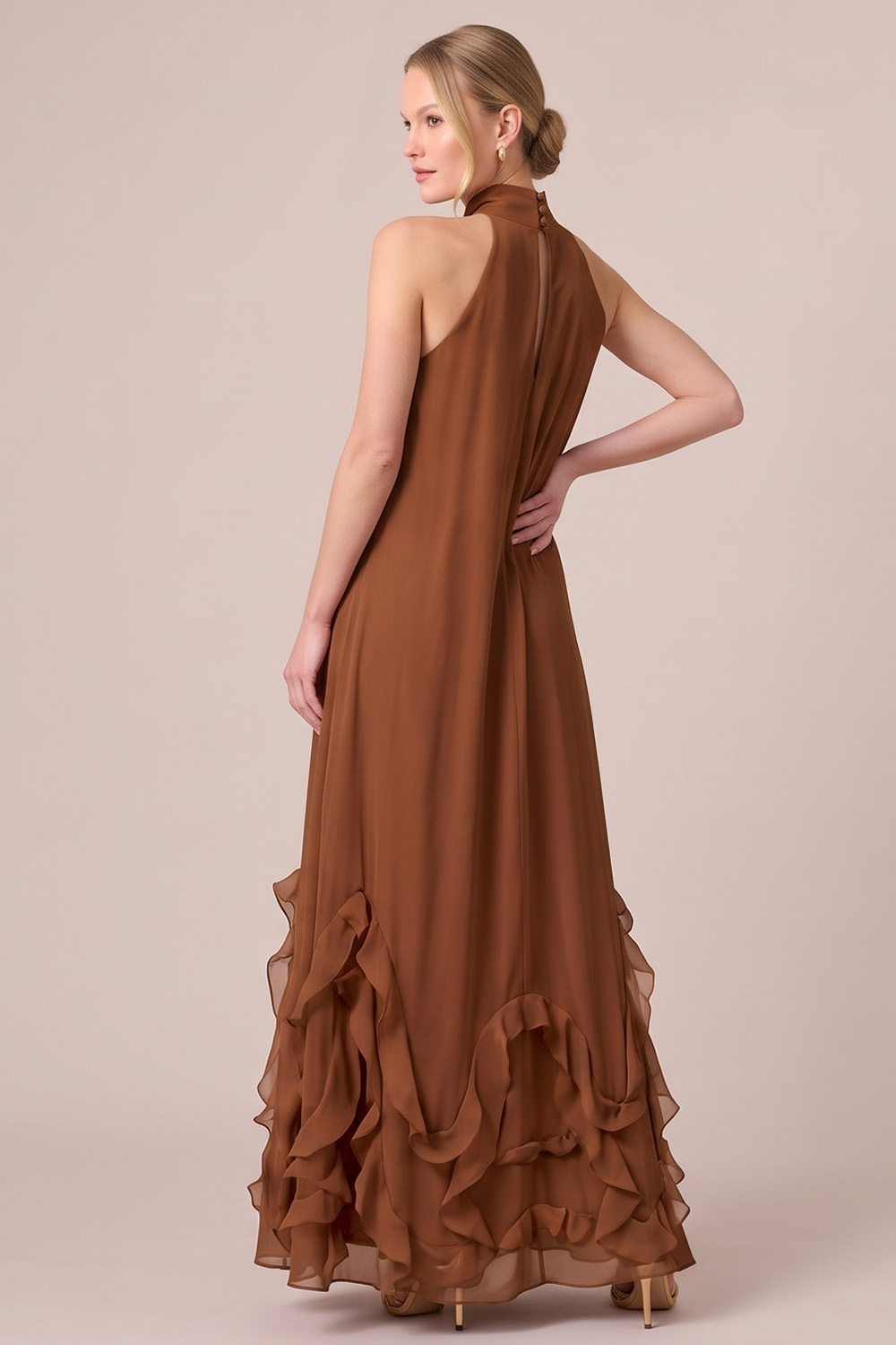 Fuchsia A-Line Halter Ruffled Long Formal Dress