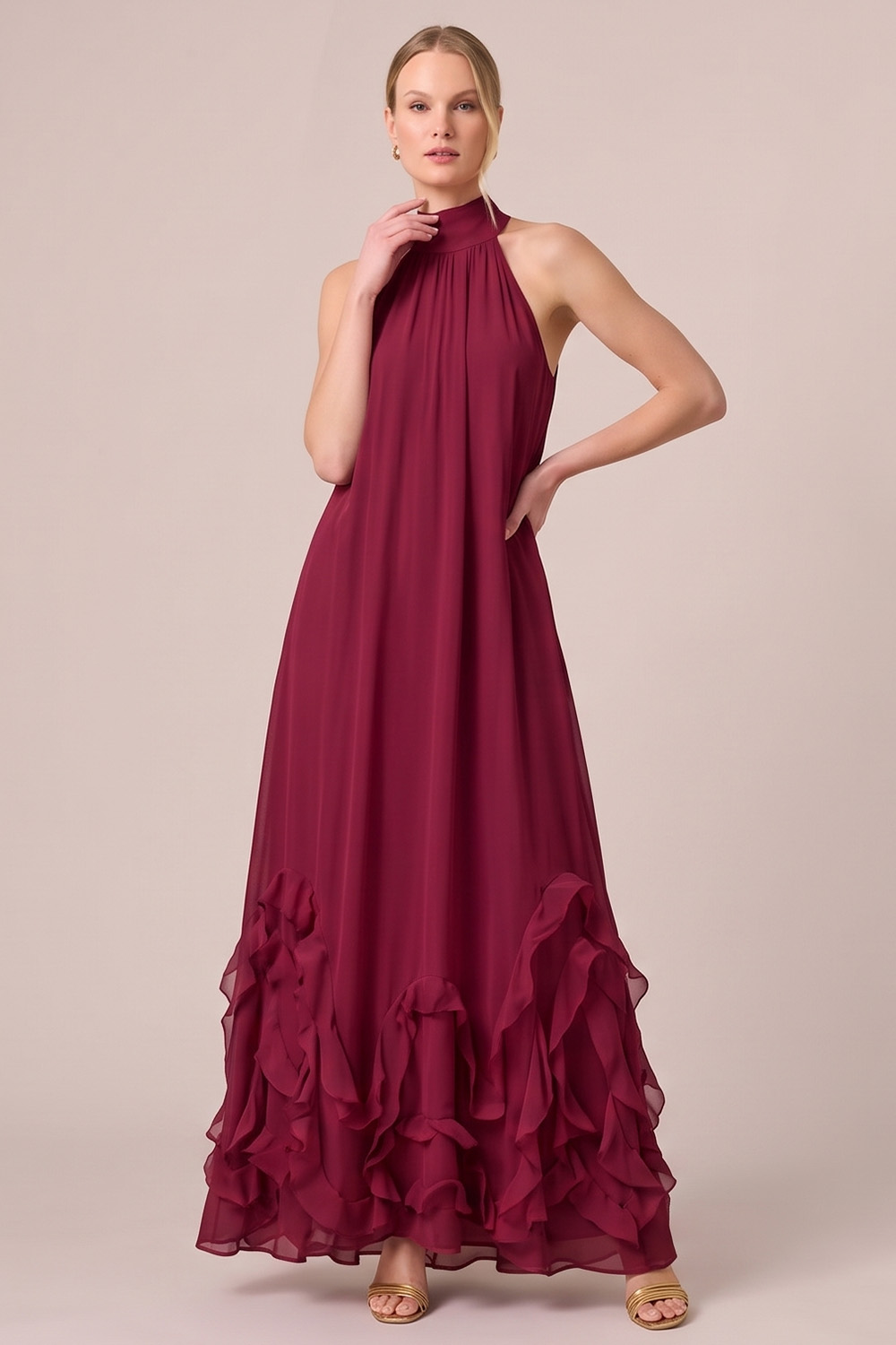 Fuchsia A-Line Halter Ruffled Long Formal Dress
